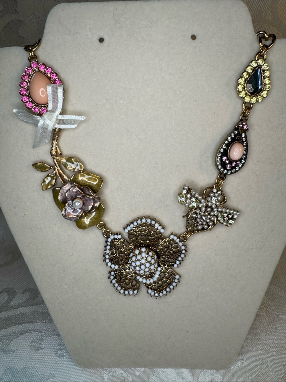 NWT Sequin Floral Statement Necklace with Pink and Gold Accents
